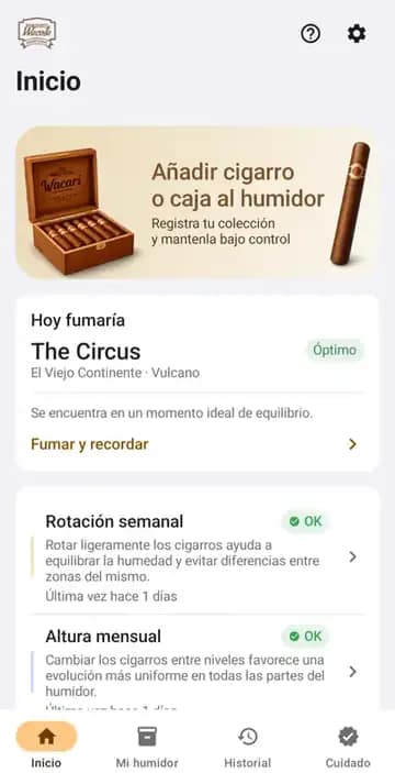 Pantalla de inicio de la app Mi Humidor Wacota para añadir cigarros o cajas al humidor