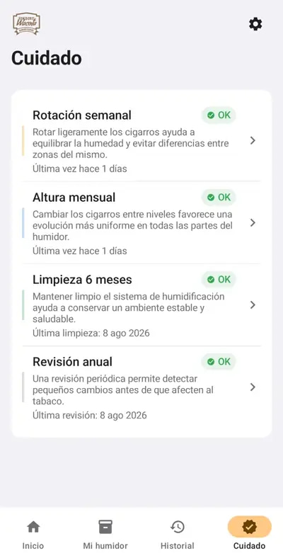 Pantalla Cuidado de la app Mi Humidor Wacota con recordatorios de mantenimiento del humidor